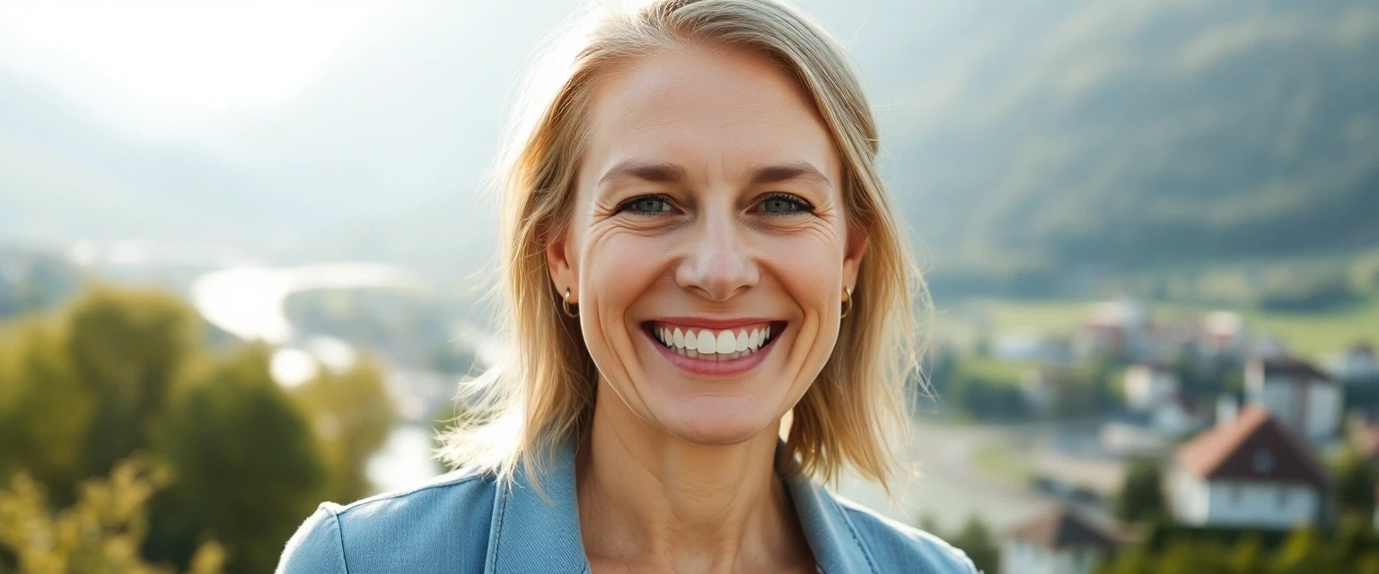 Glückliche Frau mit neuem Zahnersatz in der Schweiz