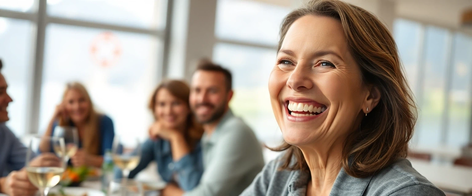 Frau mit strahlendem Lächeln dank Zahnersatz