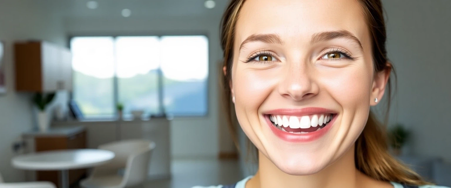 Glückliche Person mit neuem Zahnersatz in der Praxis Bontognali