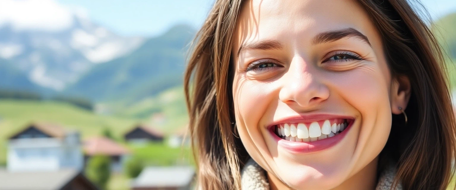 Glücklicher Patient mit neuem Zahnersatz in Form einer Zahnbrücke vor Schweizer Alpenpanorama
