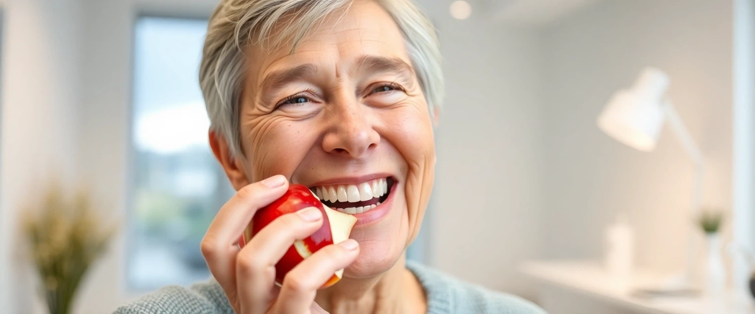 Glückliche Person isst Apfel dank schmerzfreiem Zahnersatz