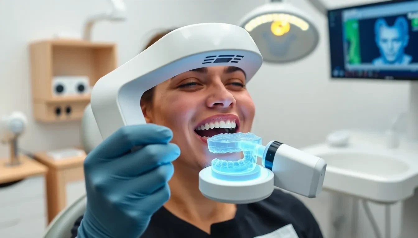 Zahnarzt bei digitaler Farbnahme mit Intraoralscanner