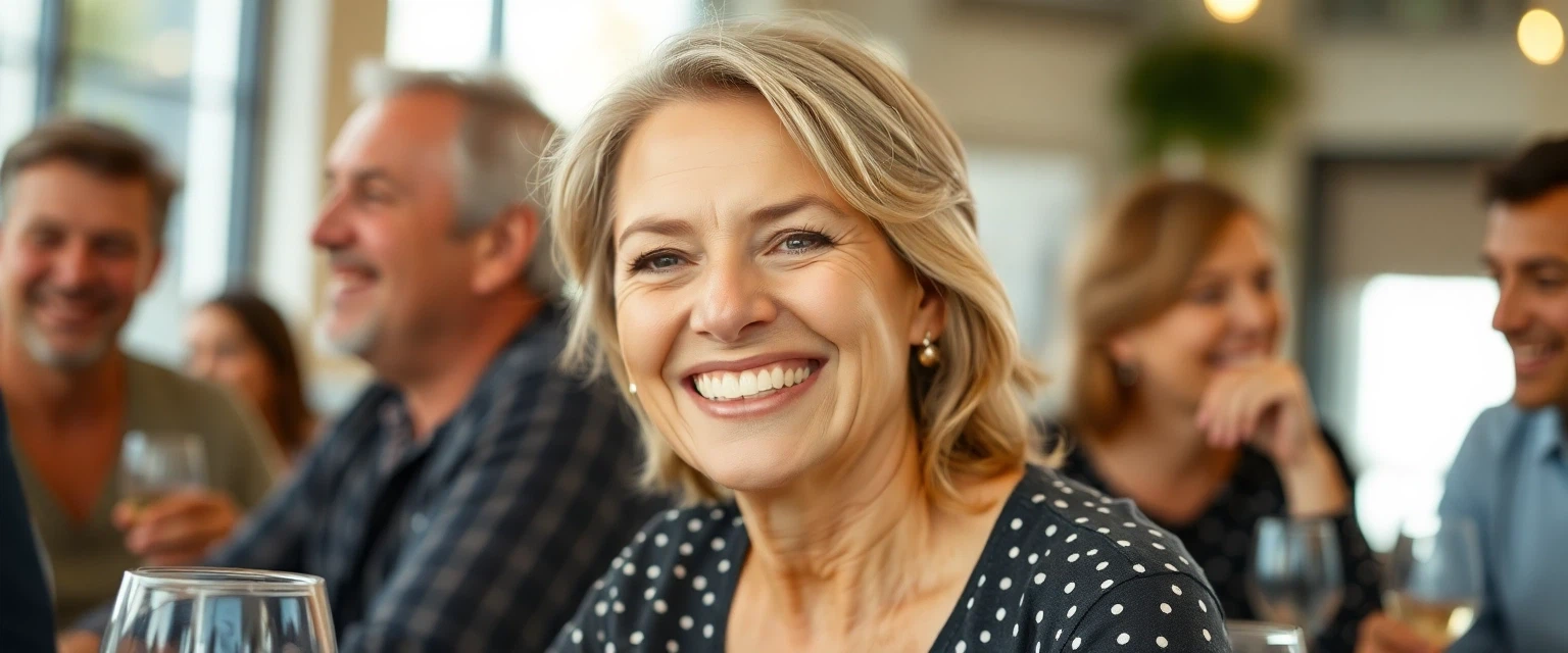 Glückliche Frau mit festem Zahnersatz beim Essen