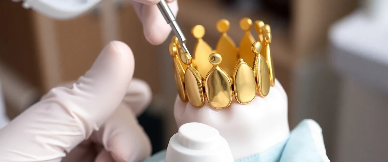 Zahnersatz aus Gold wird präzise eingesetzt