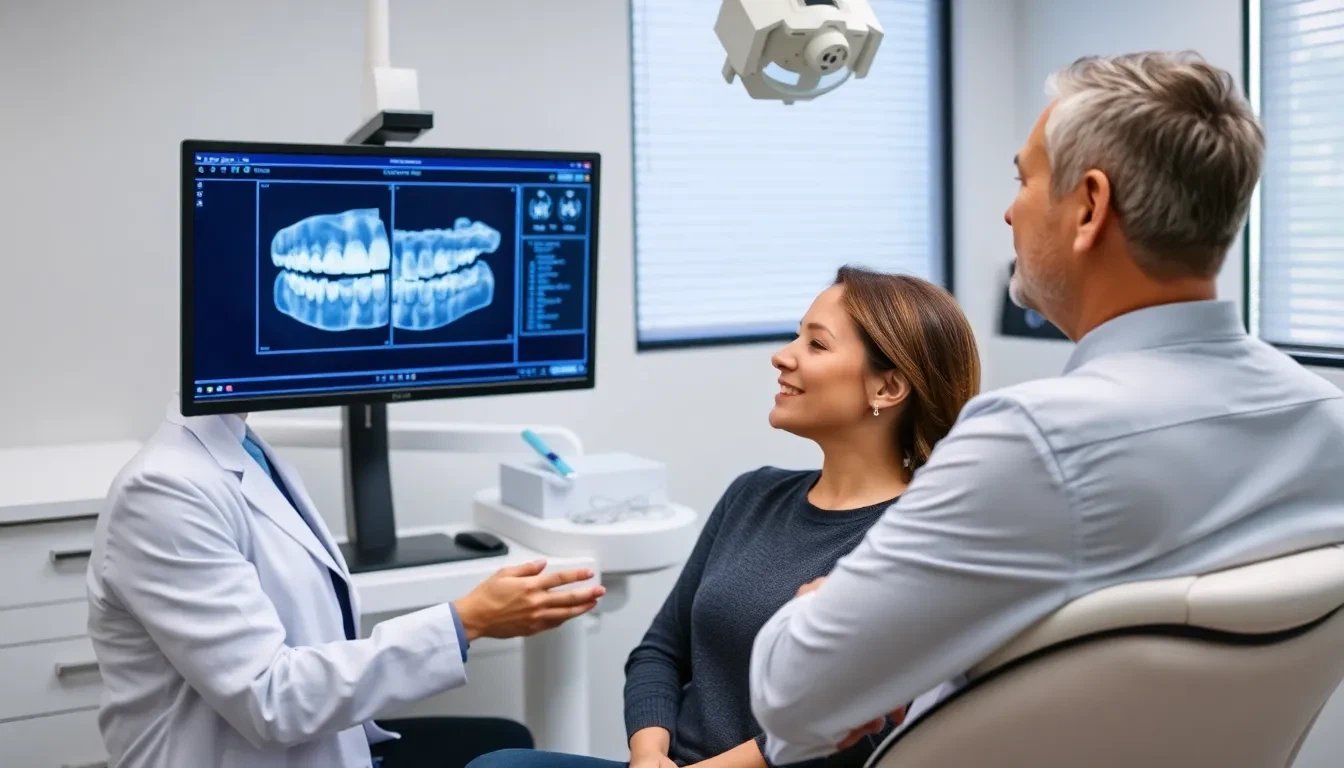 Zahnarzt und Patientin bei der 3D-Planung für ein Zahnimplantat