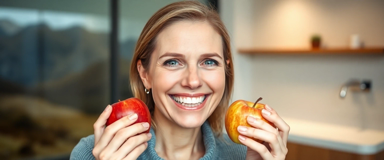 Frau mit strahlendem Lächeln dank Zahnersatz