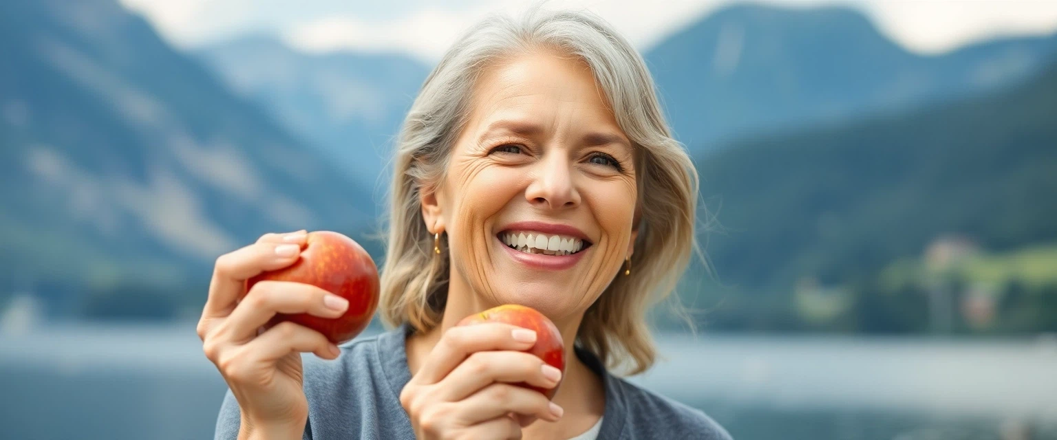 Frau beisst selbstbewusst in einen Apfel mit Solothurner Landschaft im Hintergrund