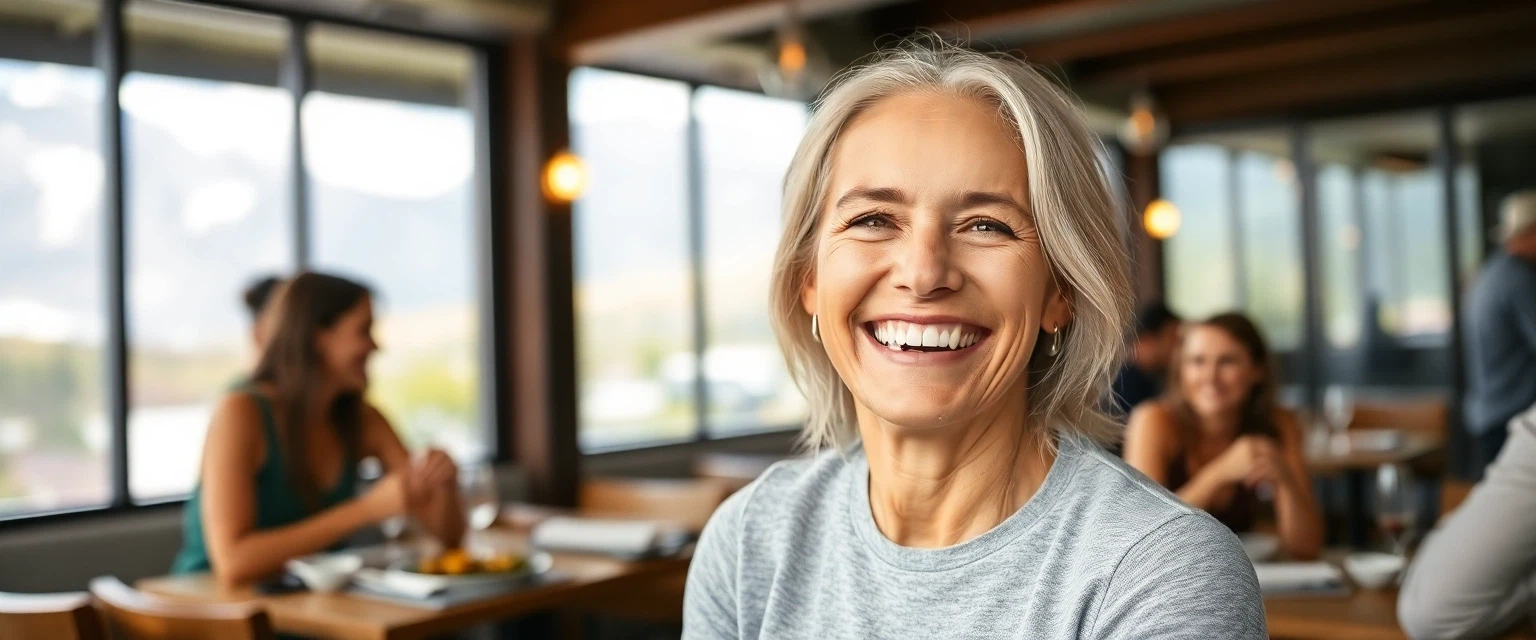 Glückliche Frau mit neuem Zahnersatz geniesst Mahlzeit
