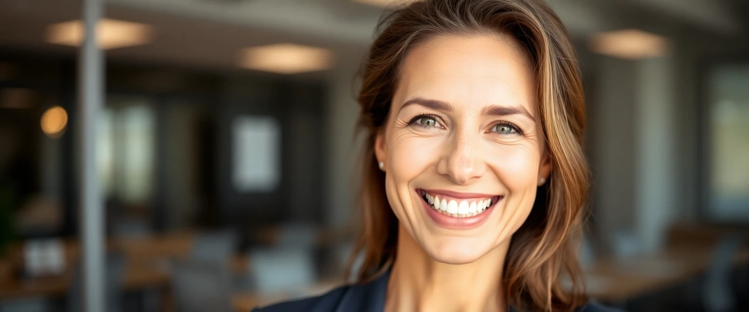 Frau in den 40ern lacht selbstbewusst mit neuem Zahnersatz