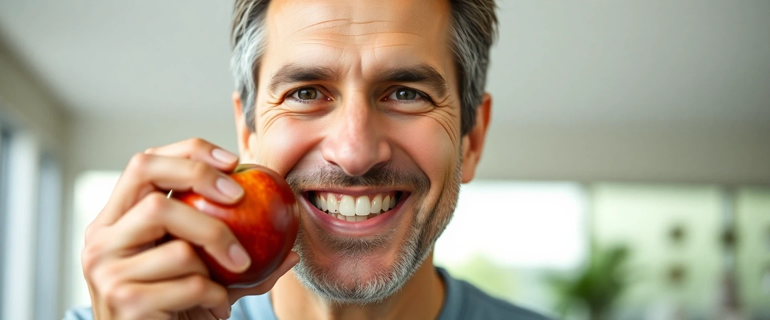 Mann beisst in Apfel mit festem Zahnersatz im Unterkiefer