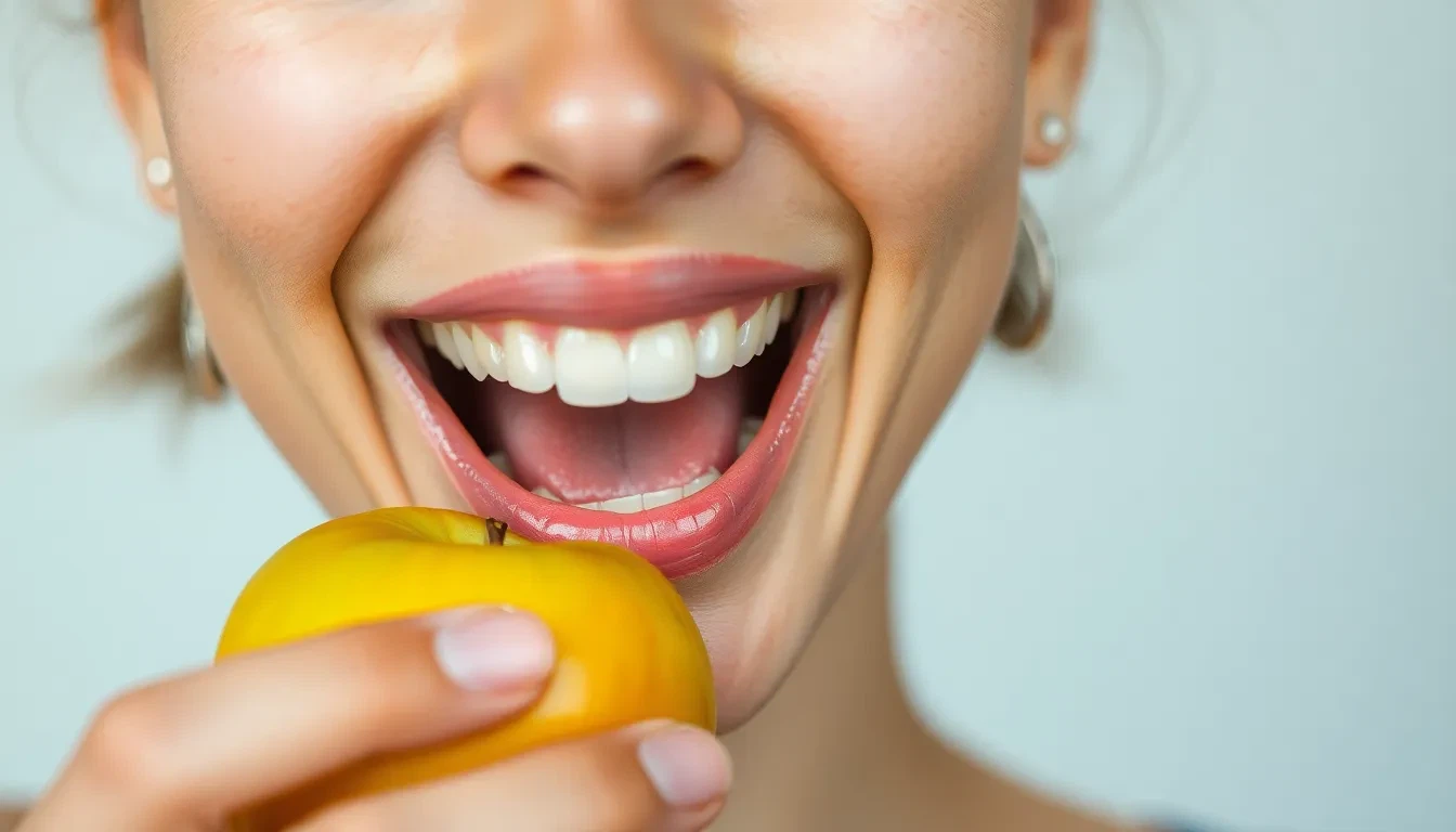 Glückliche Person beisst in einen Apfel mit festem, gaumenfreiem Zahnersatz