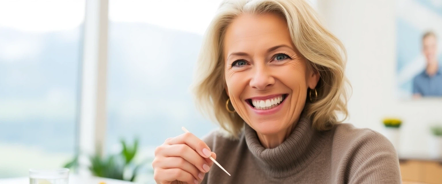 Frau mit natürlichem Zahnersatz, lächelt selbstbewusst