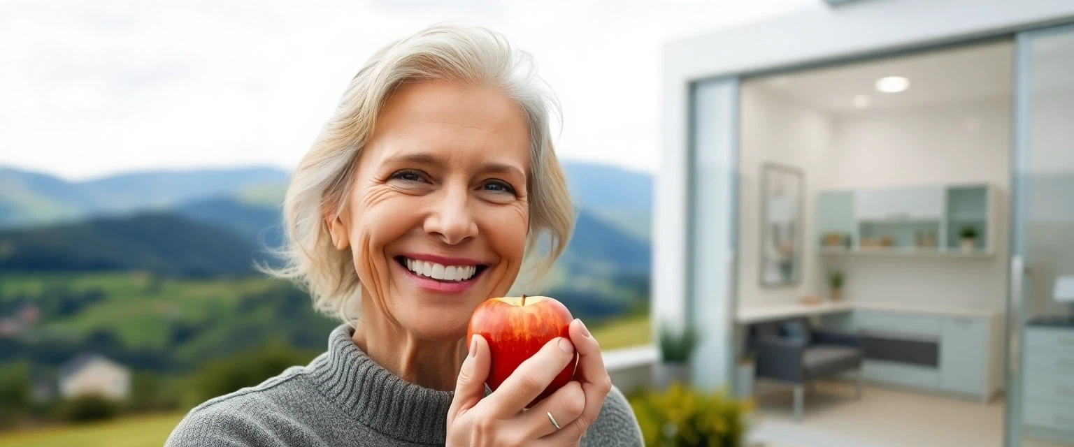 Glückliche Frau mit Teleskopprothese und Blick auf Solothurner Landschaft