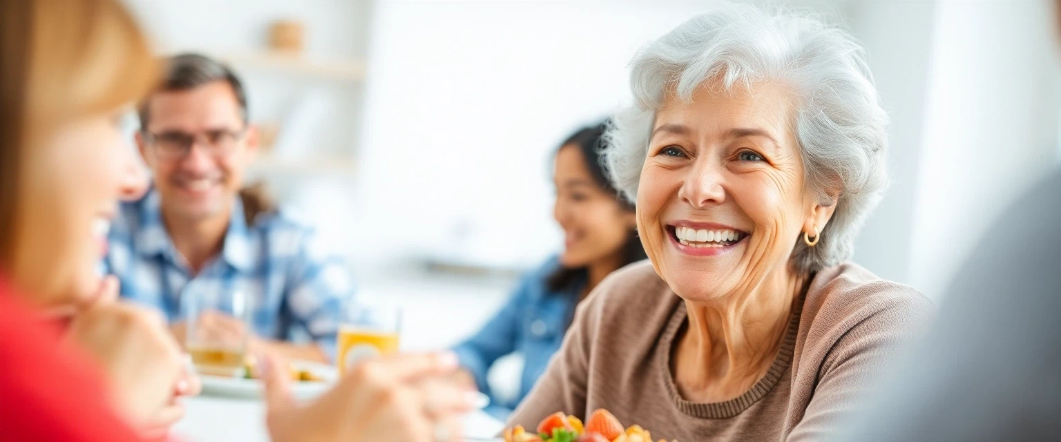 Glückliche Seniorin lacht und isst genüsslich mit perfekt sitzendem Zahnersatz