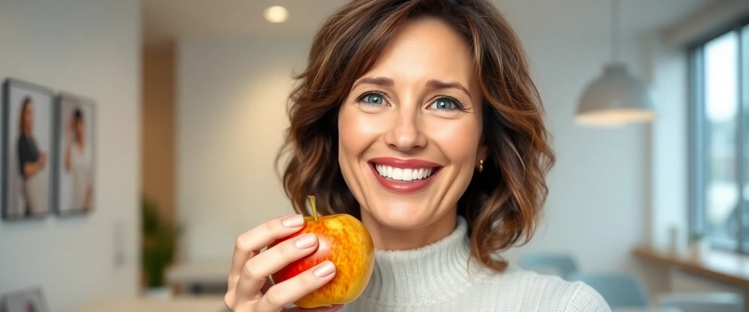 Frau isst Apfel und lächelt nach Zahnimplantat