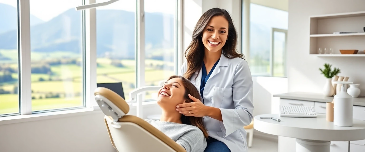 Moderne Zahnklinik in der Schweiz mit lächelnder Zahnärztin und Patient
