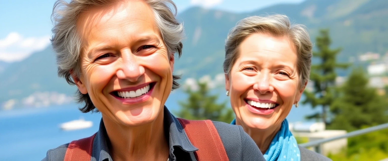Glückliche Person mit strahlendem Lächeln vor Schweizer Bergpanorama