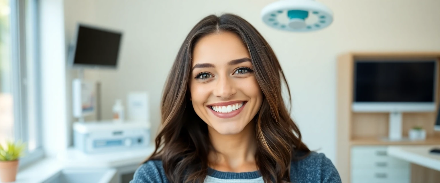 Frau lächelt nach transparenter Zahnkontrolle in der Schweiz