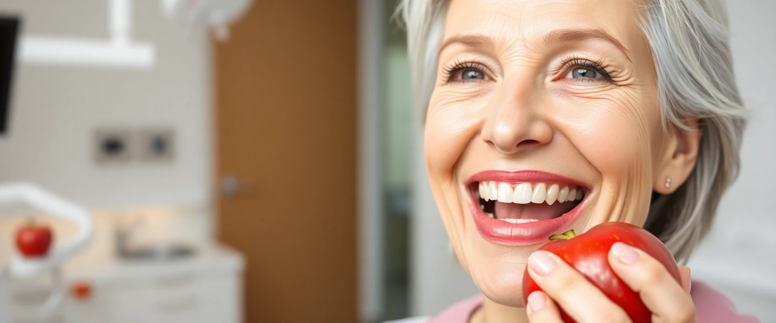 Glückliche Frau mit natürlicher Zahnprothese beisst in Apfel