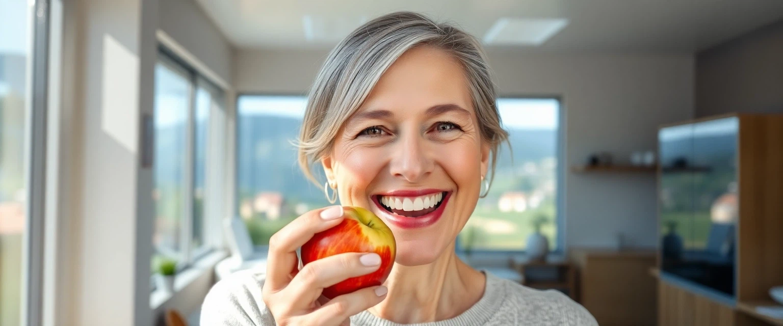 Frau mit strahlendem Lächeln dank Zahnprothese