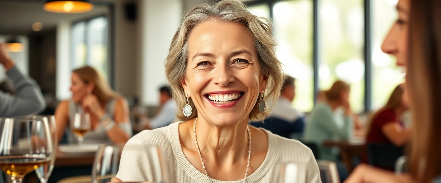 Glückliche Seniorin mit perfekten Zahnprothesen in der Schweiz