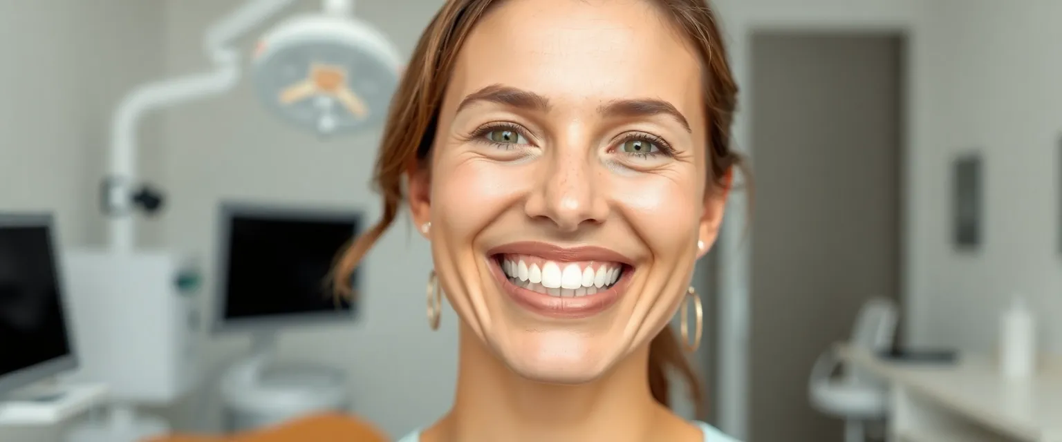 Glückliche Frau mit strahlenden Zähnen nach professioneller Zahnreinigung