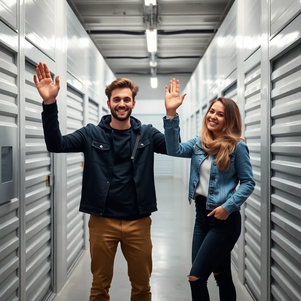 Glückliches Paar nutzt flexible Einlagerung für stressfreien Umzug