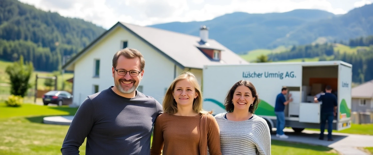 Professionelles Umzugsteam der Lüscher Umzug AG vor einem Lastwagen im Aargau