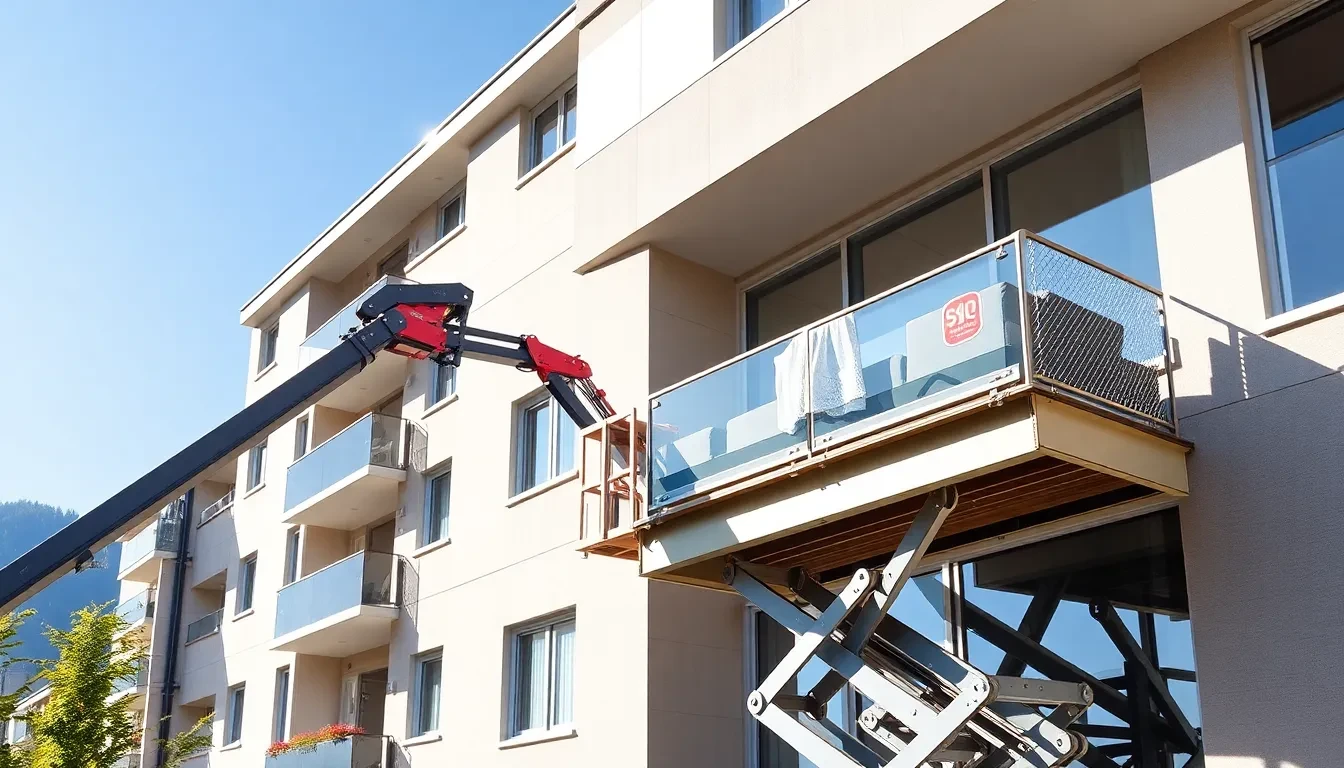 Professioneller Möbellift im Einsatz an einem Hochhaus