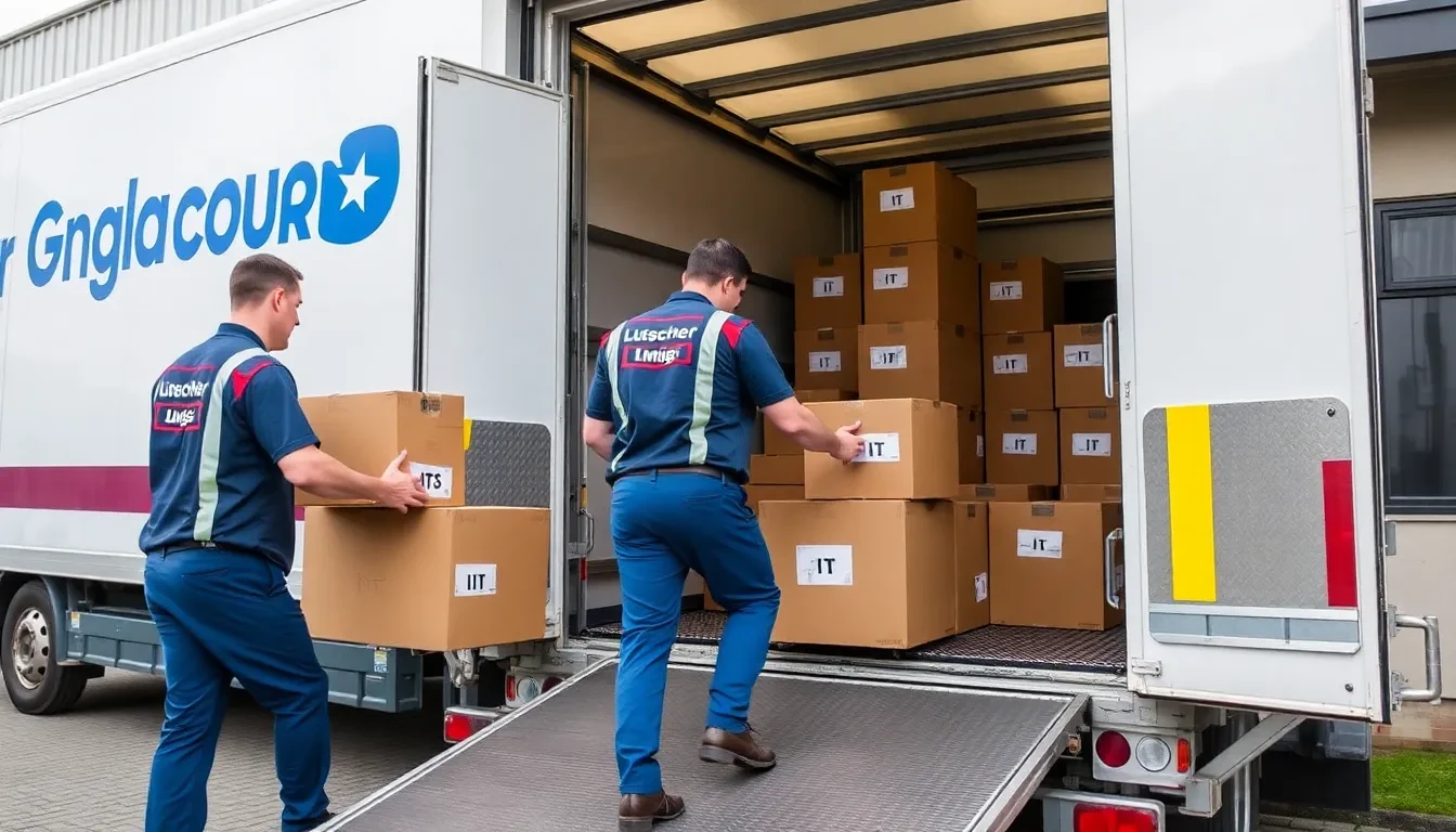 Umzugsteam lädt Büroausstattung in einen LKW für einen Geschäftsumzug.