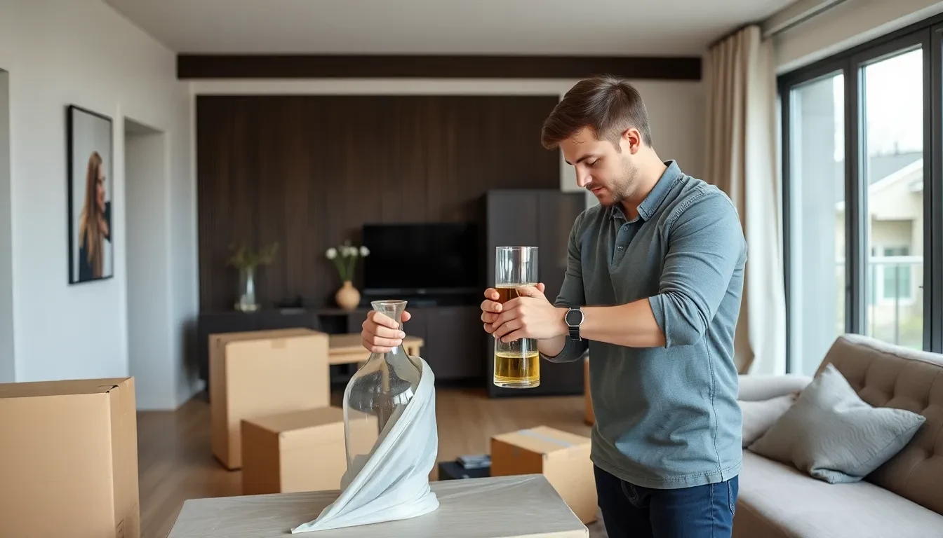 Professioneller Umzugshelfer verpackt sorgfältig eine Vase für einen Privatumzug.