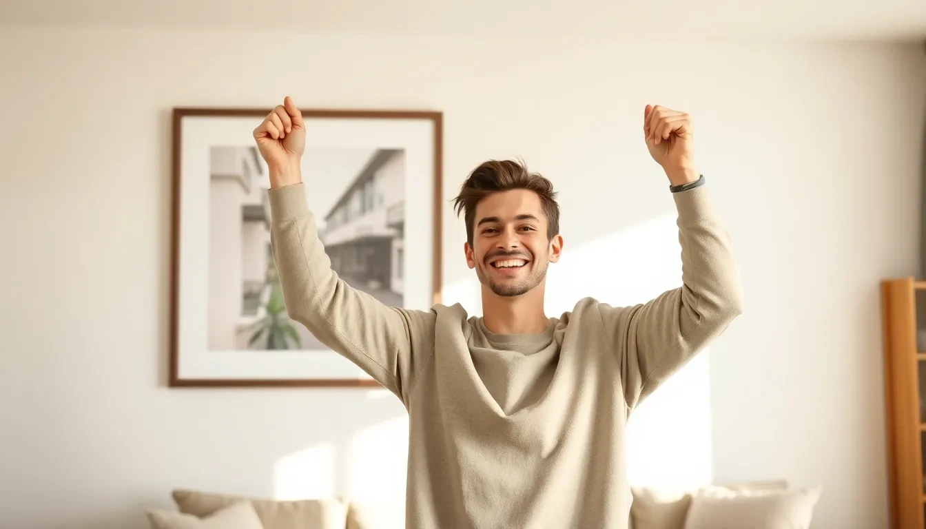 Person hängt glücklich ein Bild in der neuen Wohnung auf.