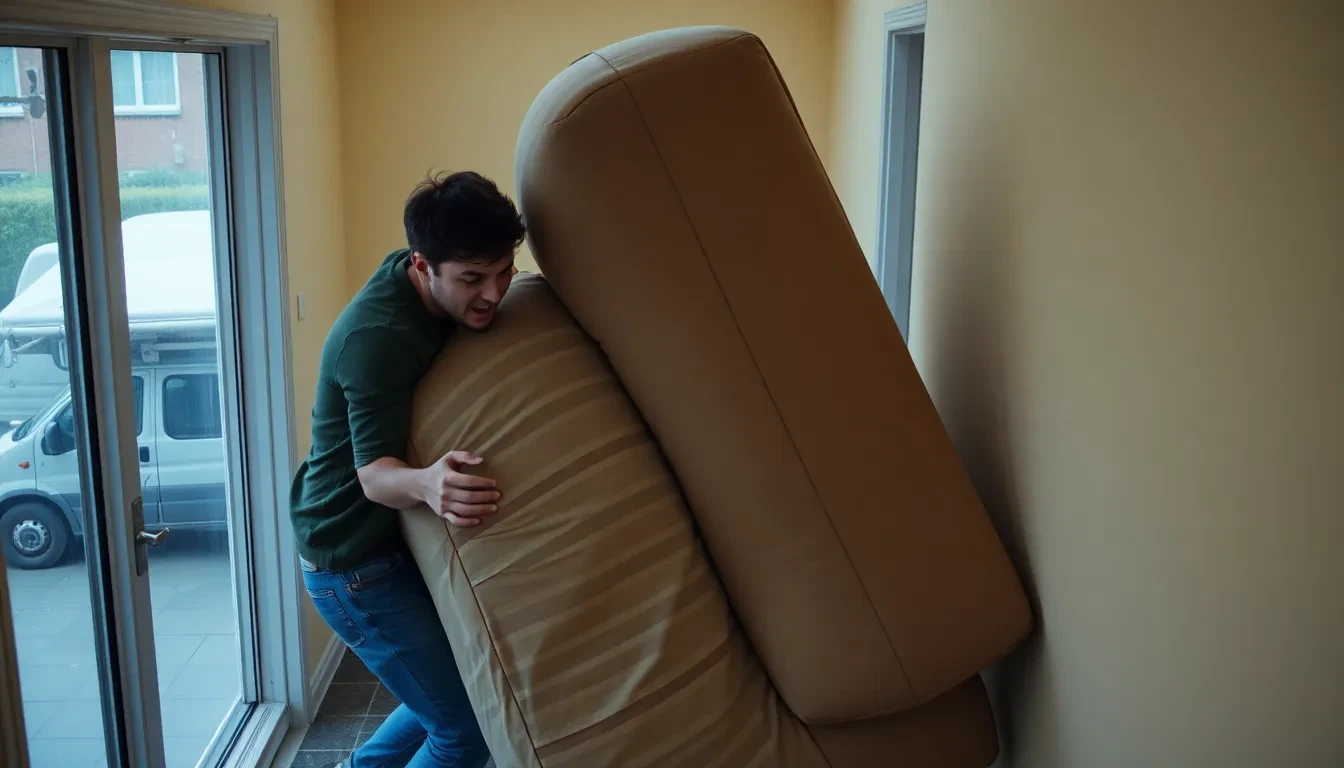 Freunde mühen sich mit einem Sofa ab