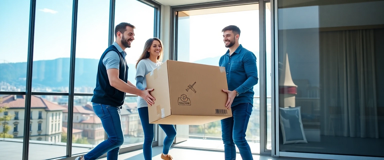 Umzugsteam in Zürich trägt Karton aus Wohnung