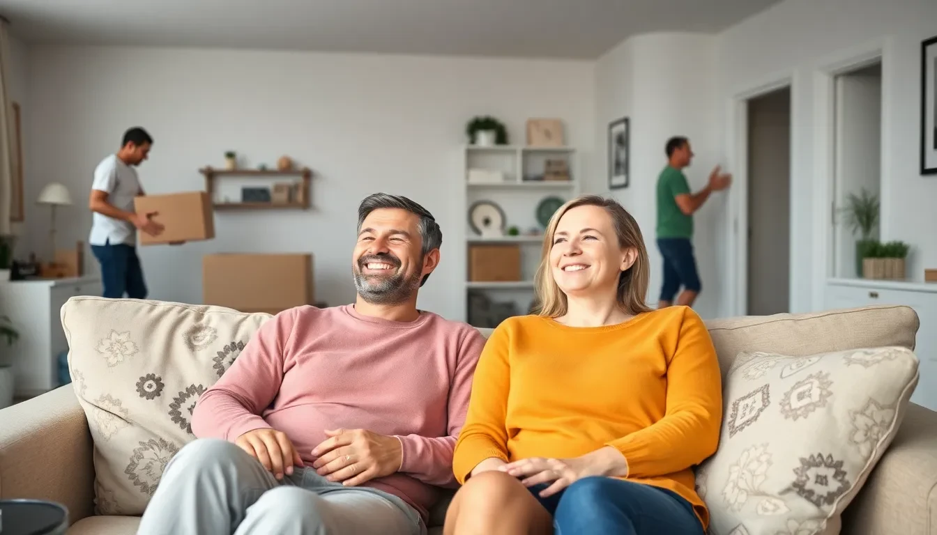 Ein lächelndes Paar entspannt sich auf dem Sofa in ihrer neuen, perfekt organisierten Wohnung in Zürich, während die Umzugshelfer im Hintergrund die letzten Arbeiten erledigen
