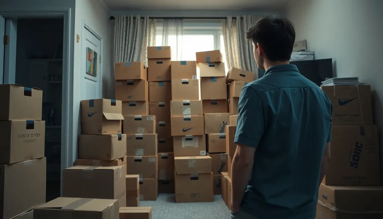 Eine frustrierte Person blickt auf einen Berg von Umzugskartons, die in einer Wohnung gestapelt sind