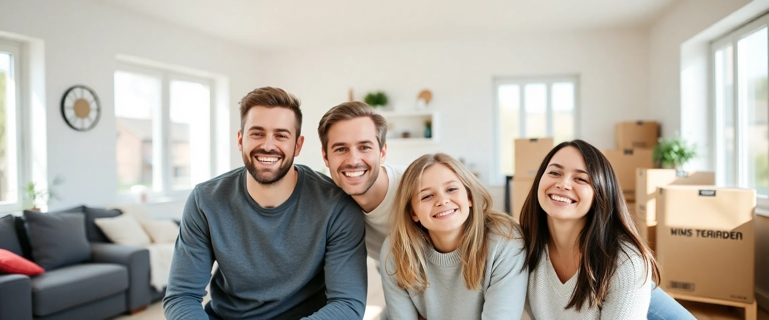 Glückliche Familie in aufgeräumtem Zuhause, Hausstand sicher eingelagert