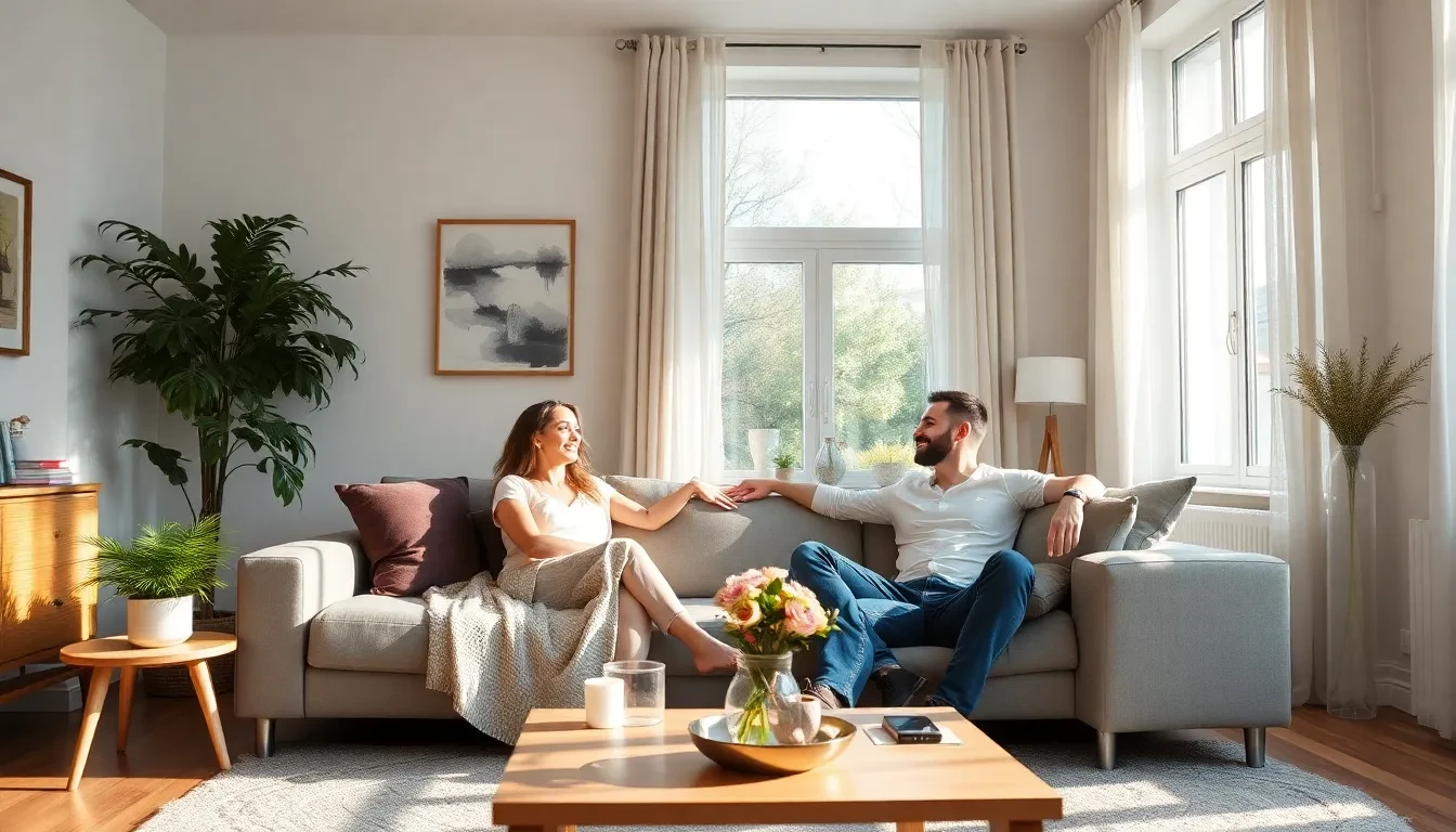 Glückliches Paar entspannt sich nach einem stressfreien Möbeltransport in Zürich