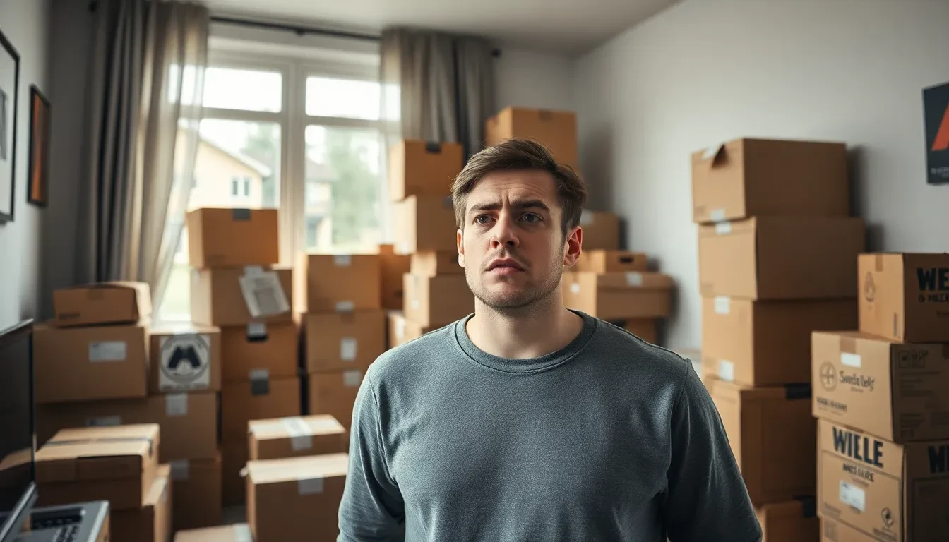 Eine frustrierte Person vor einem Berg von Umzugskartons in Zürich