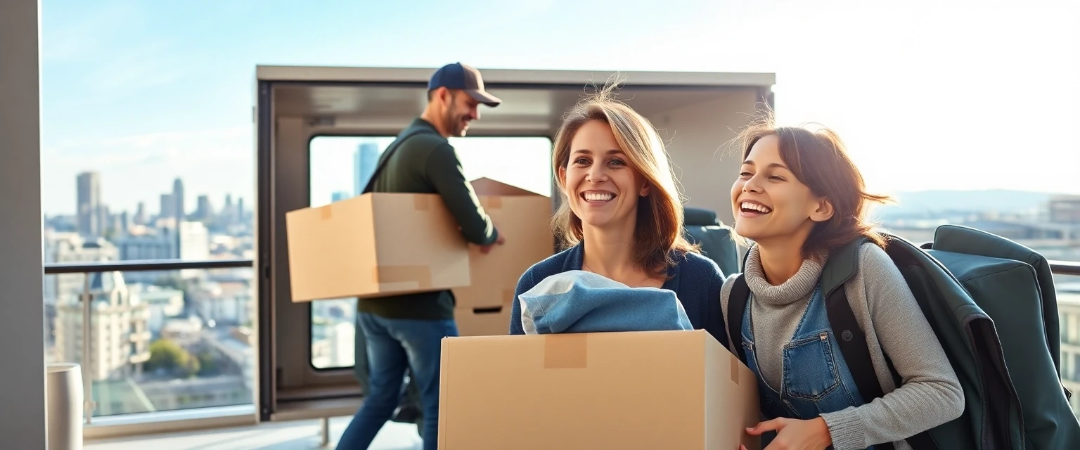 Umzugsteam in Zürich bei der Arbeit mit Blick auf die Stadt