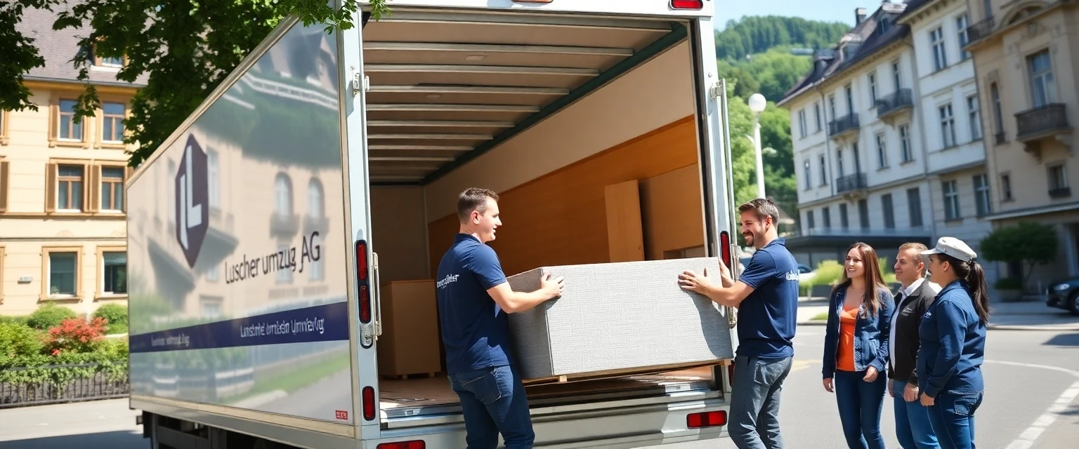 Professionelles Umzugsteam in Zürich beim Beladen eines LKWs, mit Blick auf die Stadt