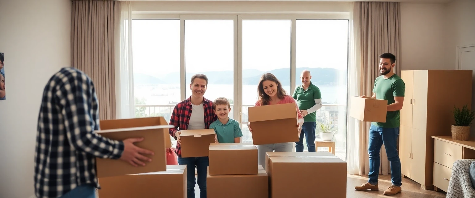 Glückliche Familie packt Umzugskartons in Zürich aus