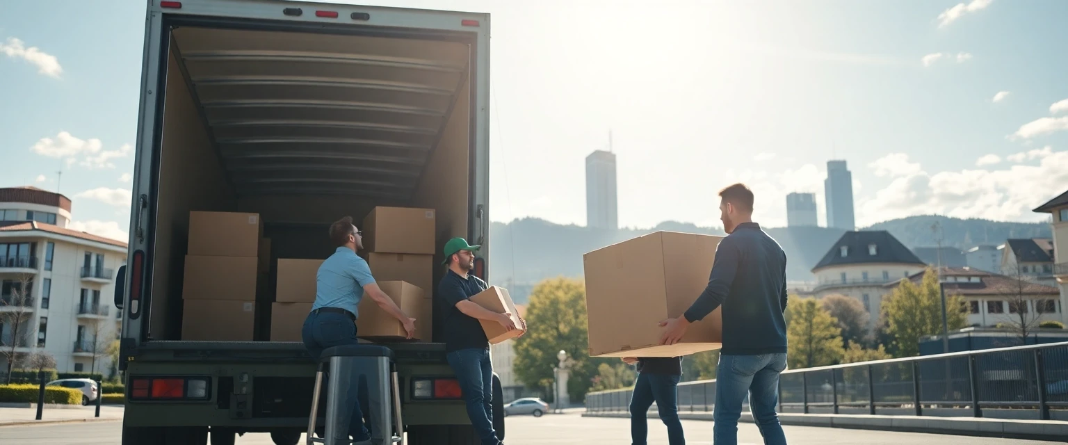 Umzugsteam in Zürich lädt Möbel in einen Lastwagen