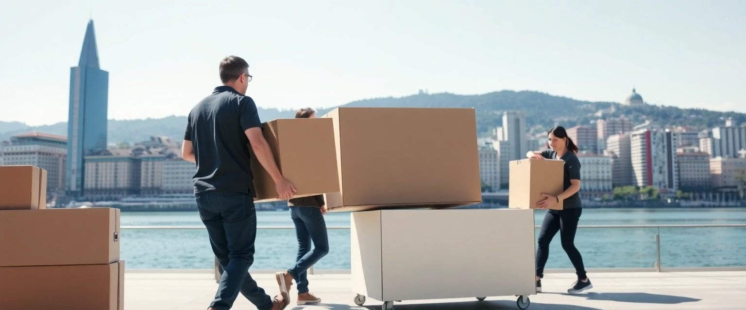 Umzugsteam vor der Zürcher Skyline
