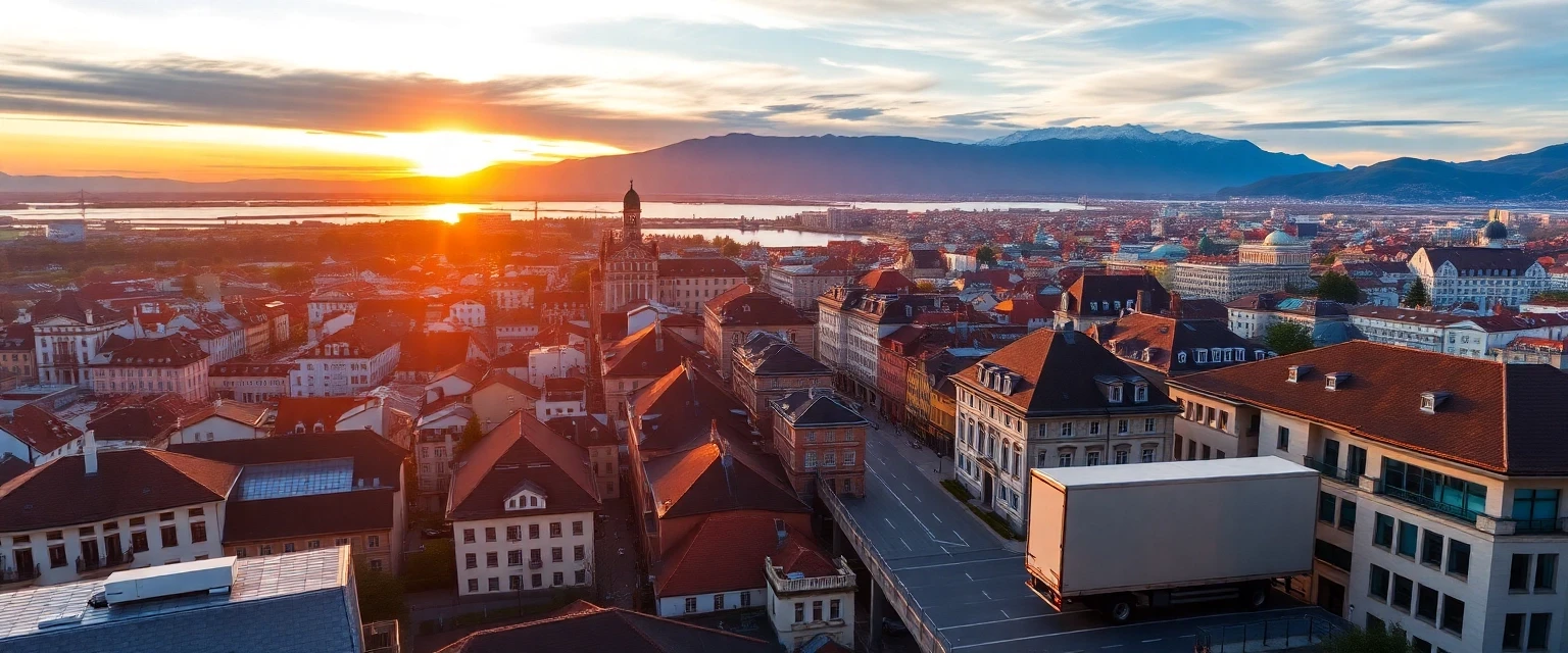 Panoramablick auf Zürich bei Sonnenuntergang mit Umzugswagen