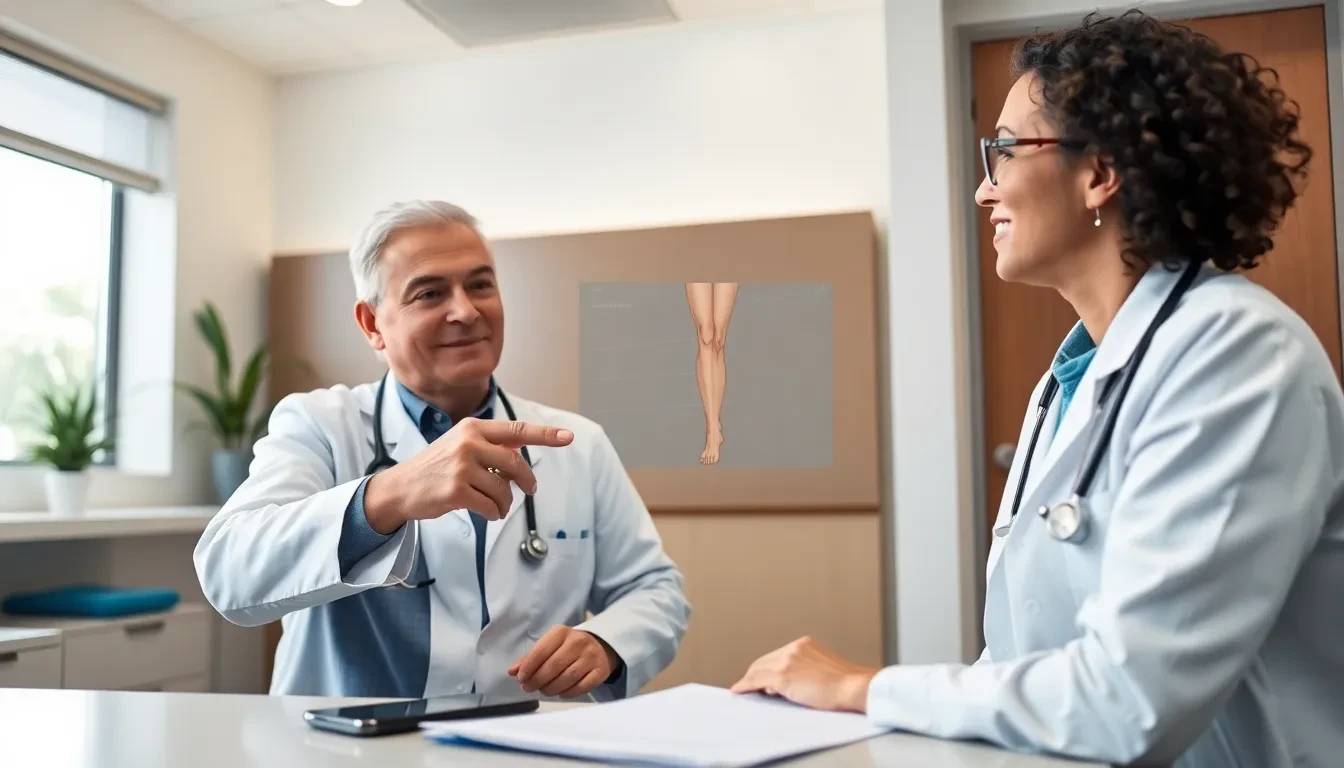 Arzt erklärt Patientin den Behandlungsplan für Beinthrombose