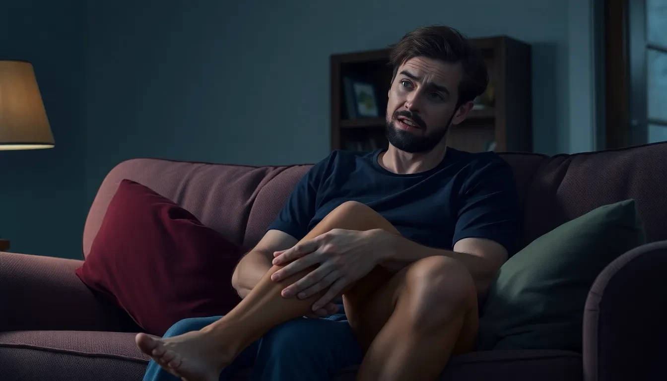 Eine Person, die besorgt ihr geschwollenes Bein hält