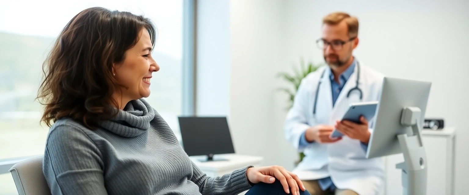 Patientin nach einer Beinthrombose Untersuchung mit einem beruhigenden Ergebnis