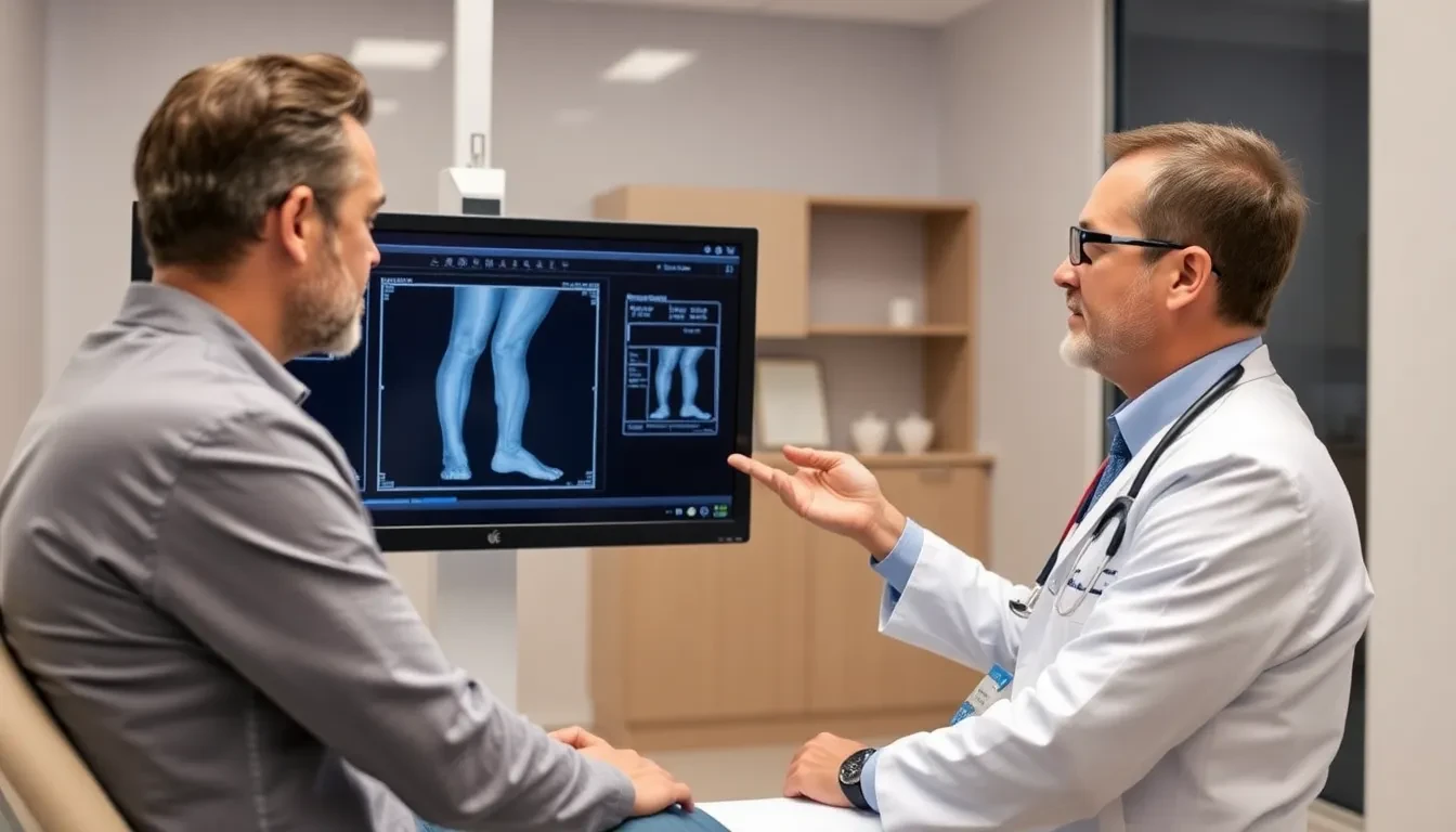 Arzt und Patientin besprechen Diagnosebilder der Beinvenen