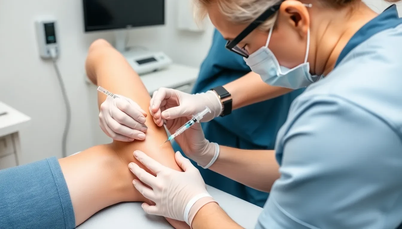 Sklerotherapie-Behandlung an einem Bein